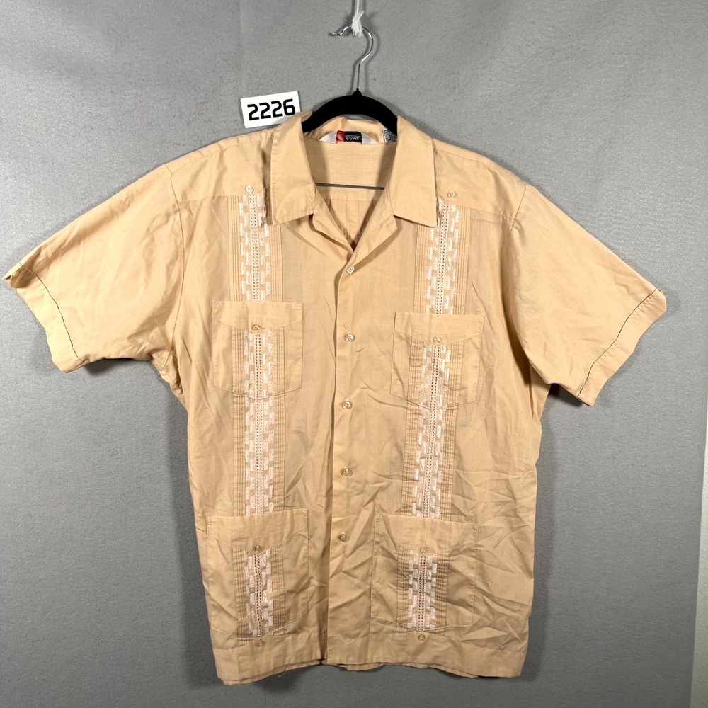 Vintage Guayabera 90s Romani Shirt Mens XL Beige White Pintuck Collar Beach‎